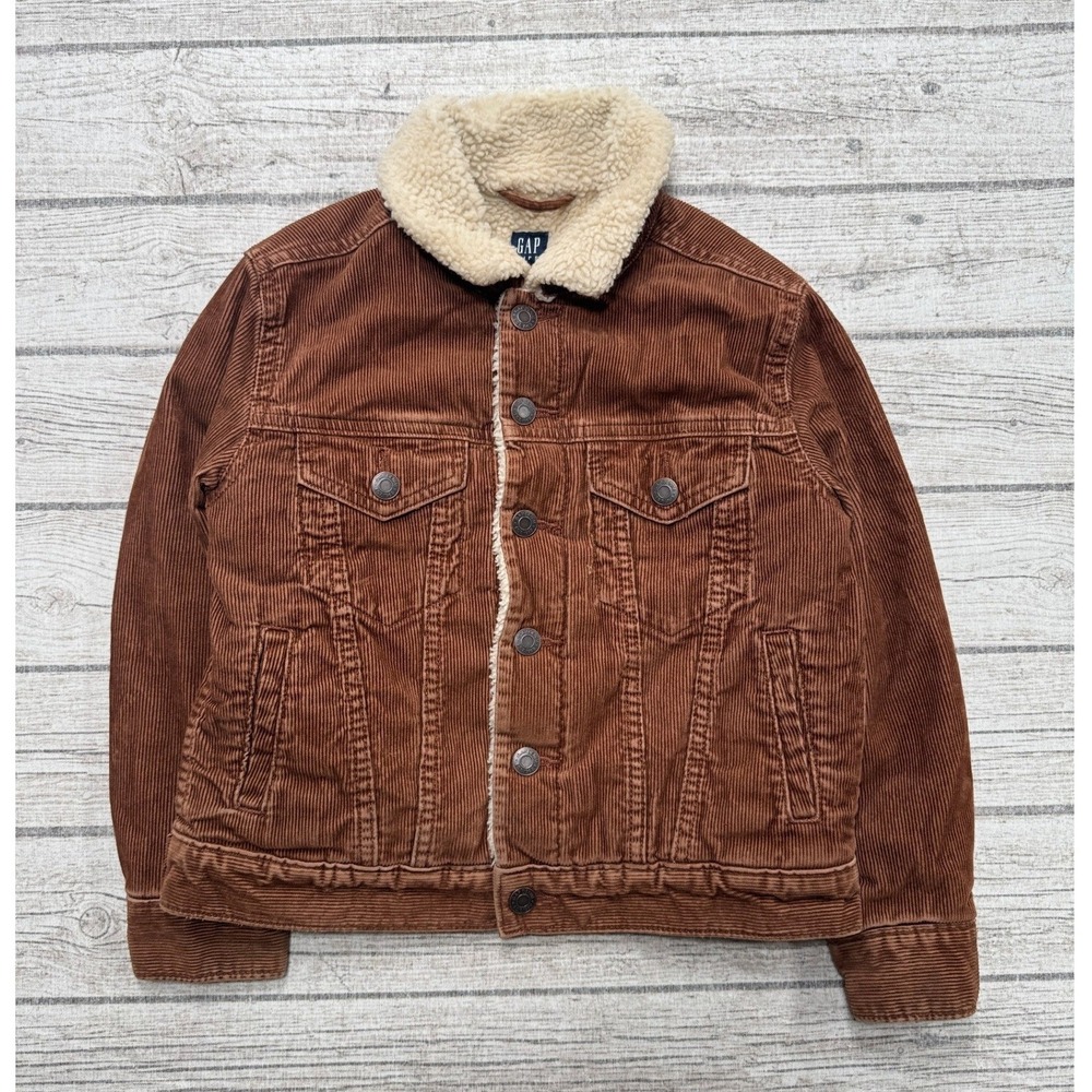 Gap Corduroy Trucker Jacket Kid's Small Brown Sherpa Lined Faux Fur Collar Coat